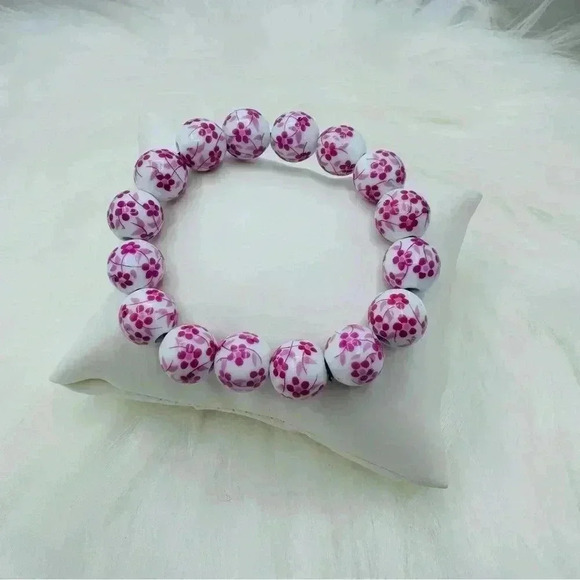 Chinese-Style Ceramic Pink Floral Design Beaded Bracelet - Picture 1 of 5